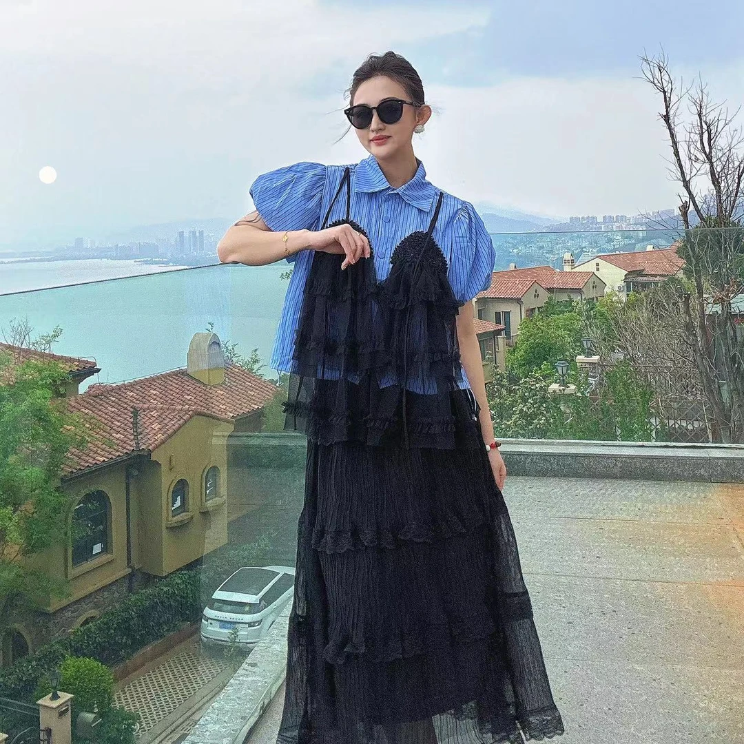 LL【女王优选】轻奢高端时尚气质设计师蓝条衬衫6357蕾丝显瘦