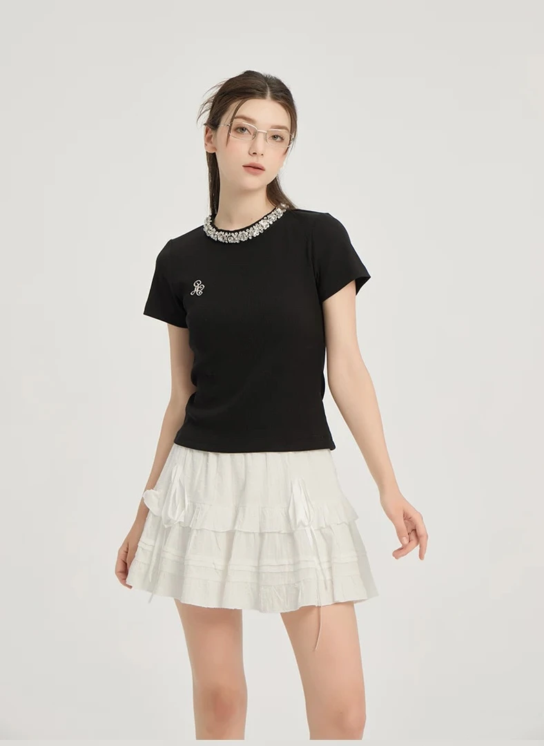 ikyou领口镶砖针织短袖t恤女夏季新款设计感小众2025夏款新款上衣