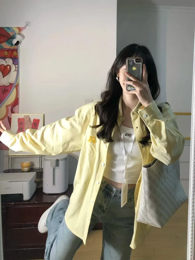 美式条纹衬衫女春季新款小狗刺绣黄色衬衣宽松防晒外套多巴胺上衣