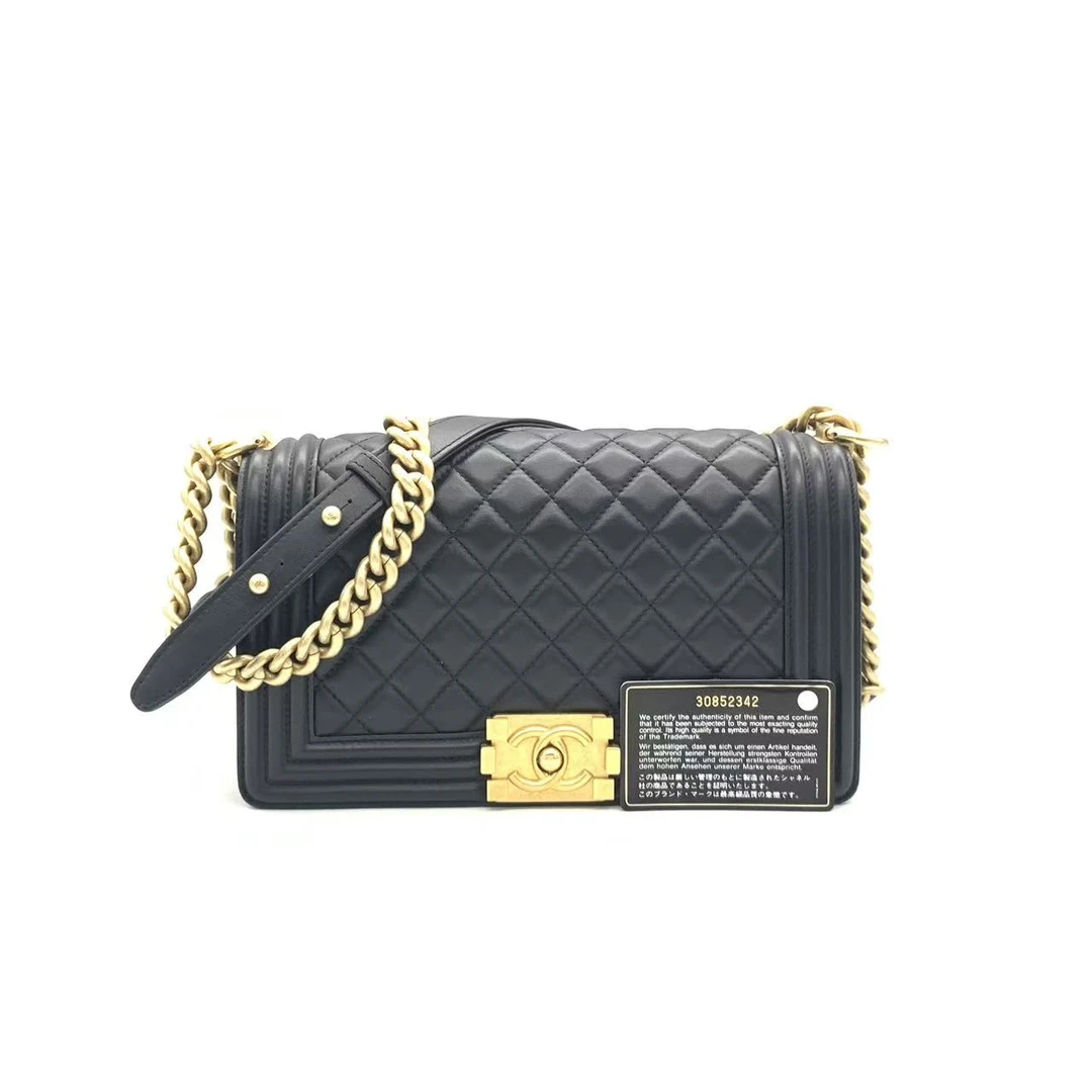 99新 Chanel/香奈儿 【安则专属】黑金光面中号leboy链条包/30开