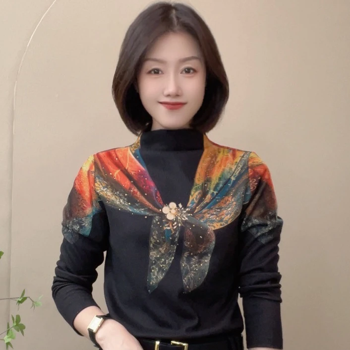 3680秋季新款半高领立体印花长袖百搭洋气时尚显瘦修身打底衫女