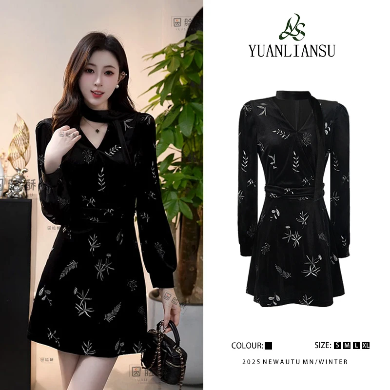 YUANLIANSU/圆脸酥【墨染忆云】新中式时尚复古黑色修身显瘦连衣裙