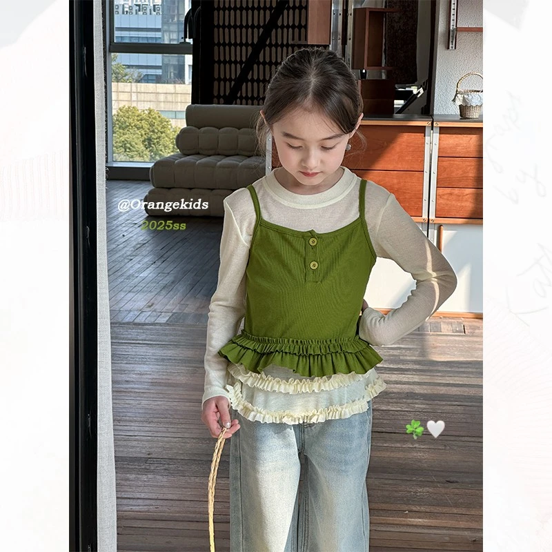 【千层奶冻】2025春季新款儿童韩版中大童花边吊带两件套时髦上衣