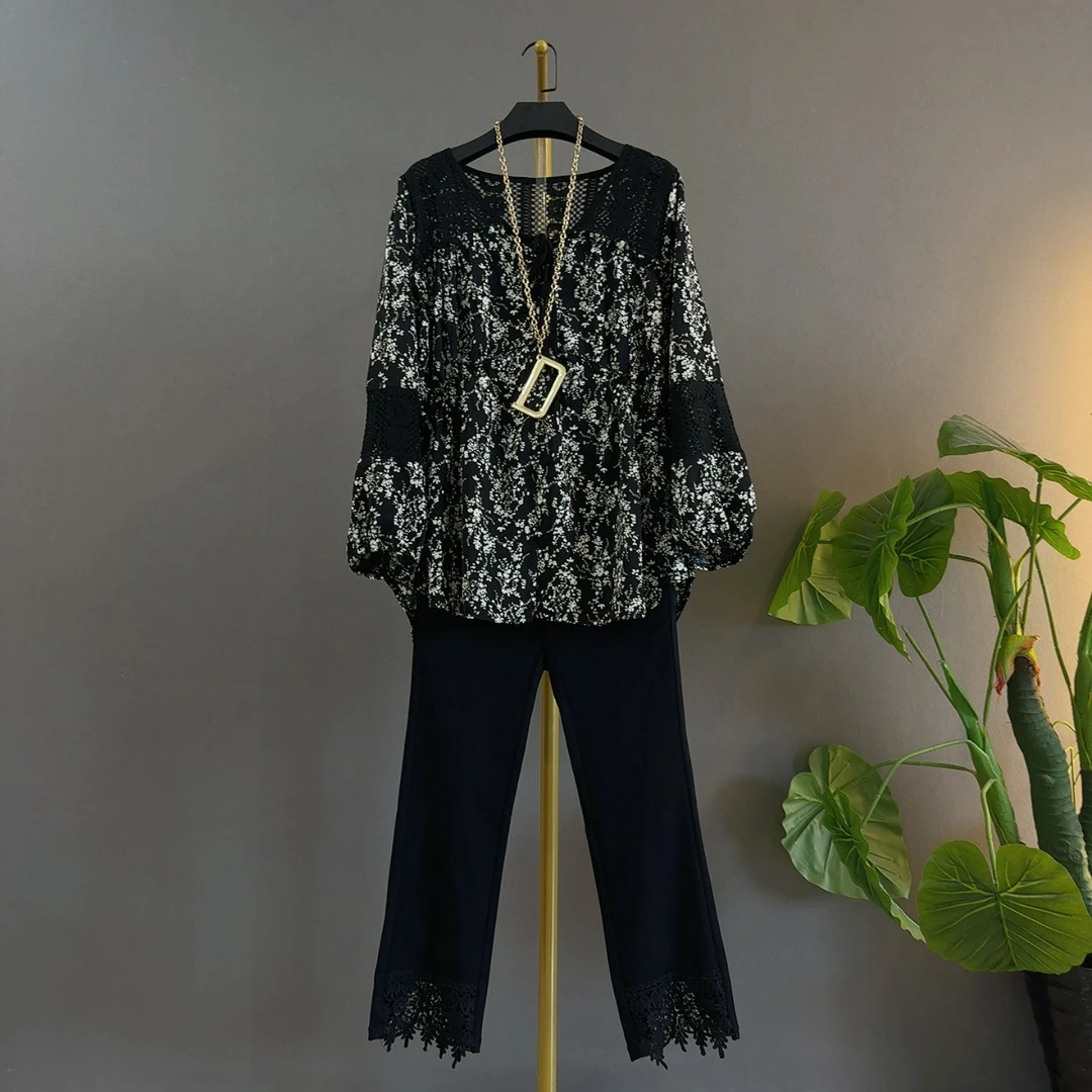 新款时尚重工拼接蕾丝雪纺长袖上衣裤子宽松遮肚显瘦大码俩件套