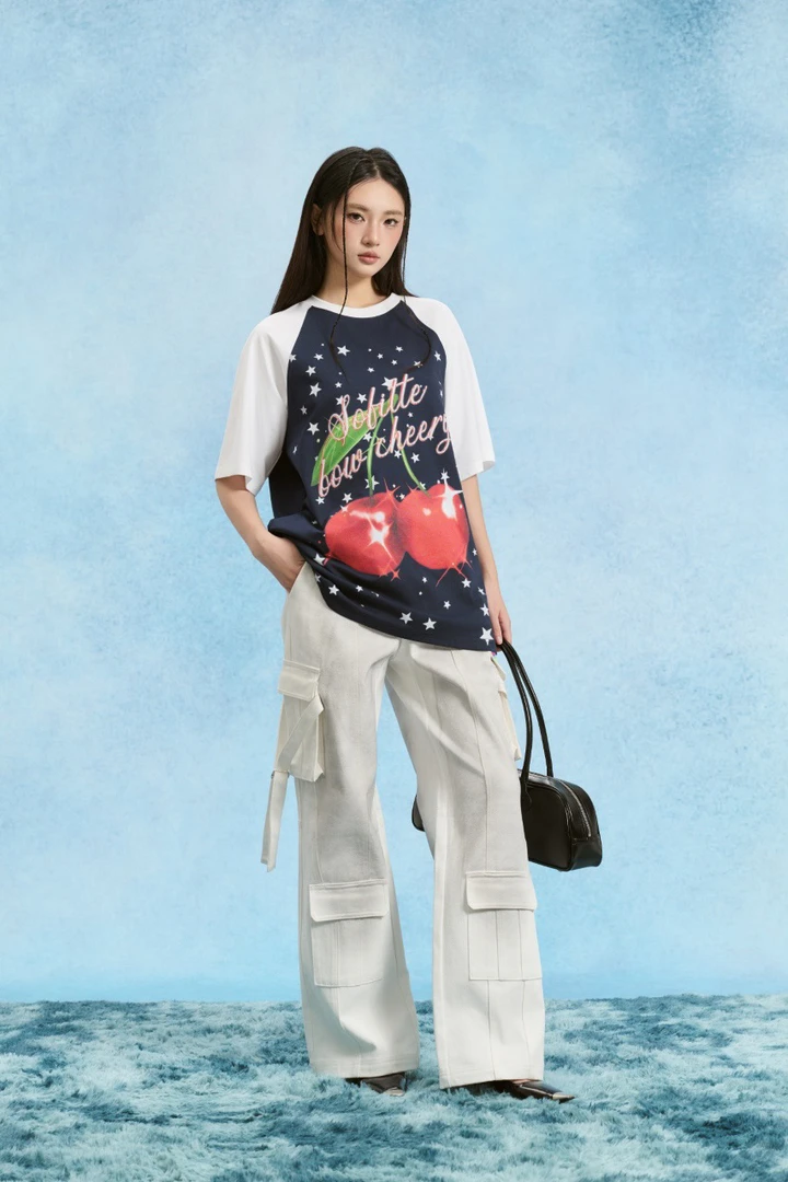 Sofitte新款女士樱桃星星印花插肩撞色短袖T恤上衣