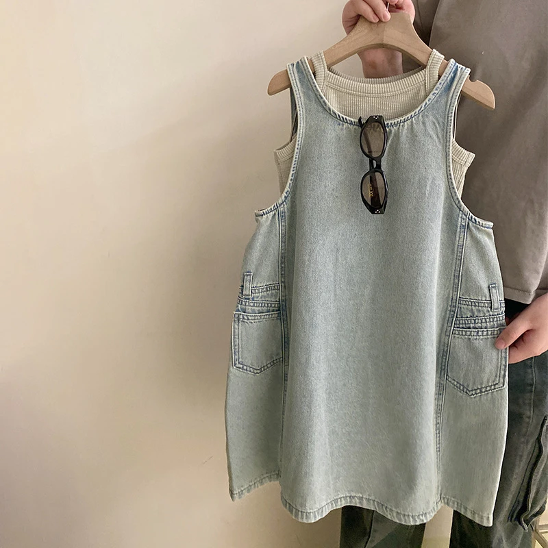 R25213女童夏季百搭可爱纯色背心潮流洋气牛仔背心连衣裙两件套