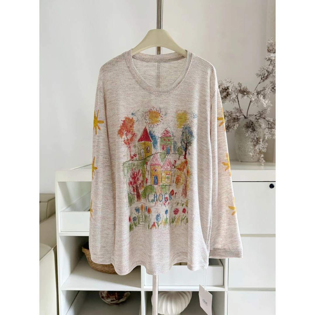 Achock官方店潮牌手绘涂鸦罩衫上衣复古彩色打底薄透气长袖T休闲