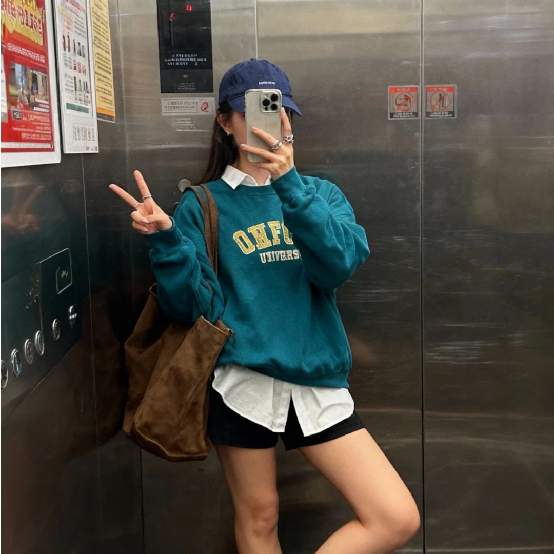 【叠穿的神】249韩版松弛感卫衣字母印花圆领百搭秋冬加绒显瘦宽松