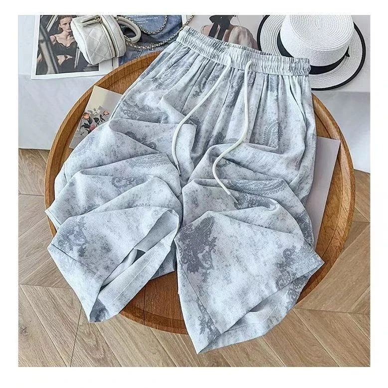 夏季薄款天丝棉麻阔腿裤女复古印花高腰宽松显瘦凉凉裤亚麻休闲裤