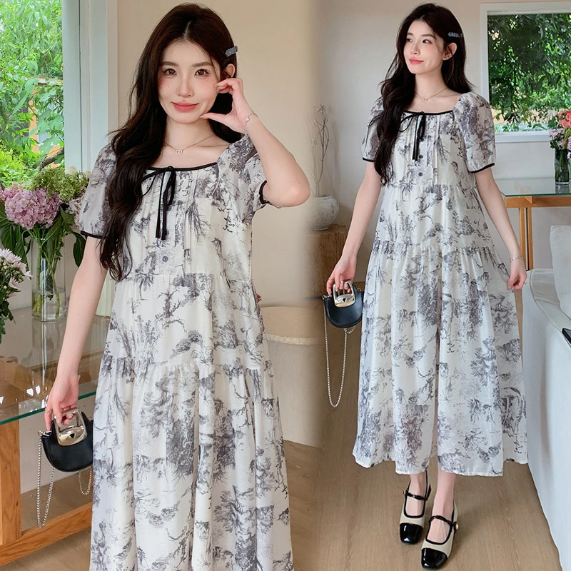 现货孕妇裙夏装水墨印花孕妇连衣裙宽松短袖大码孕妇连衣裙碎花