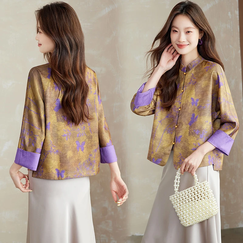 新中式双面穿外套2025年秋拼接插肩袖单排扣长袖减龄百搭高级上衣