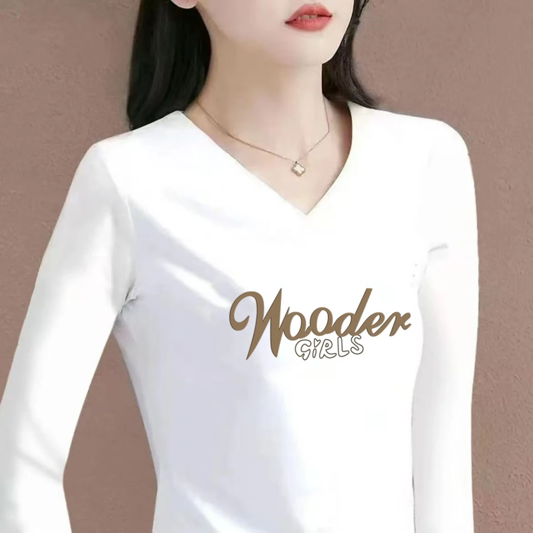 纯棉春秋季V领长袖女装长袖t恤潮流洋气衣服休闲上衣打底衫A