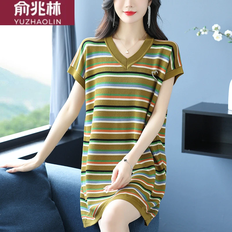 俞兆林夏天中长款v领冰丝短袖T恤女夏款新款夏季条纹针织衫休闲宽