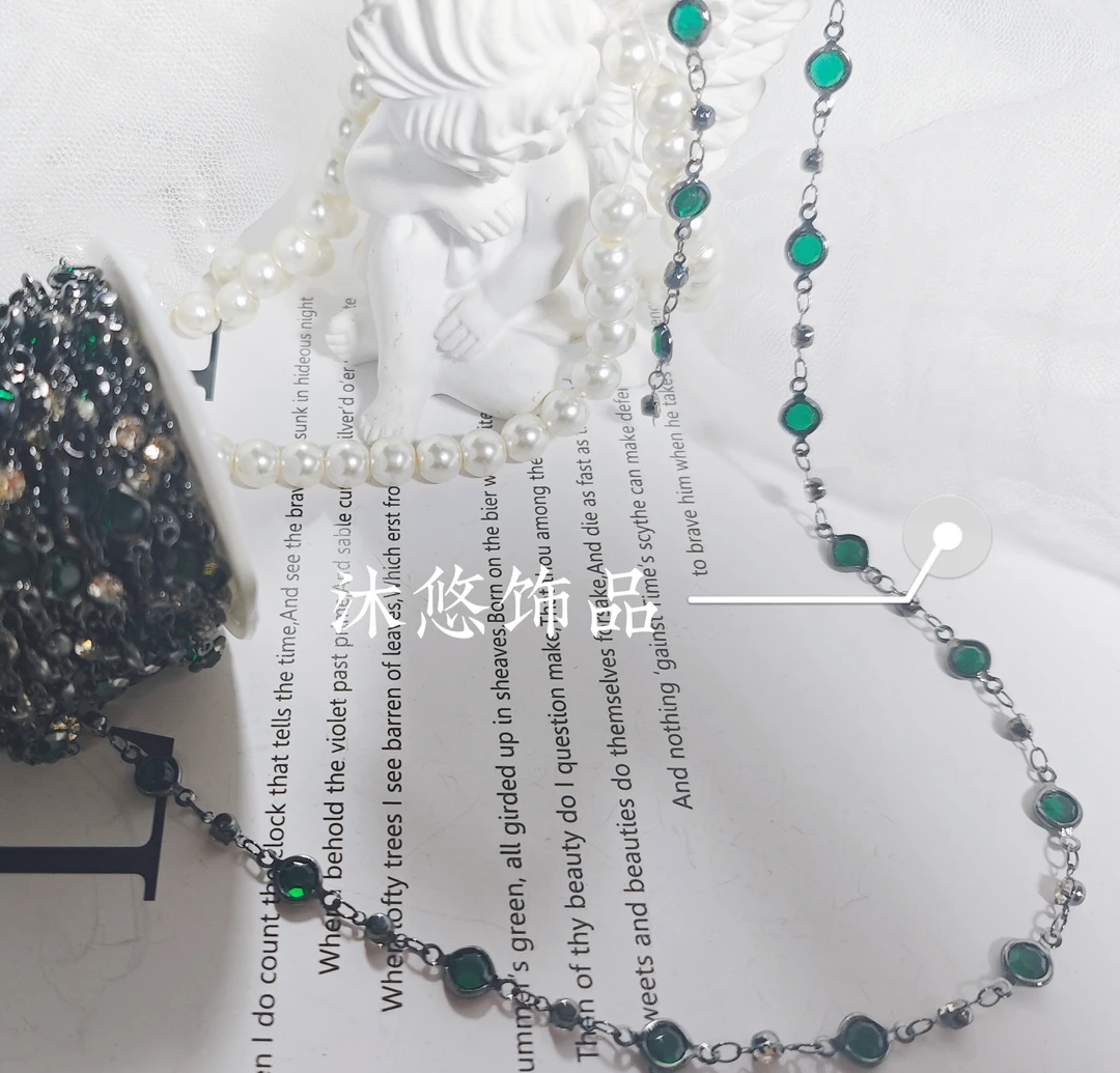 （沐悠饰品diy）L00370 黑绿色包边玻璃水钻高保色链条DIY
