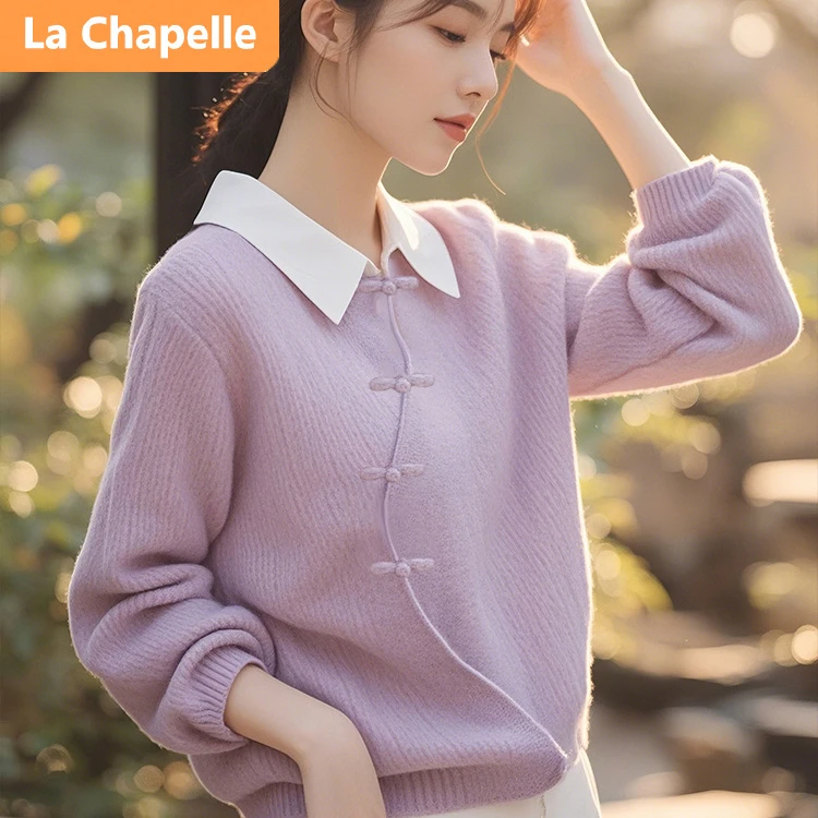 拉夏贝尔法式小香风翻领长袖毛针织衫女韩版气质减龄百搭毛衣秋冬