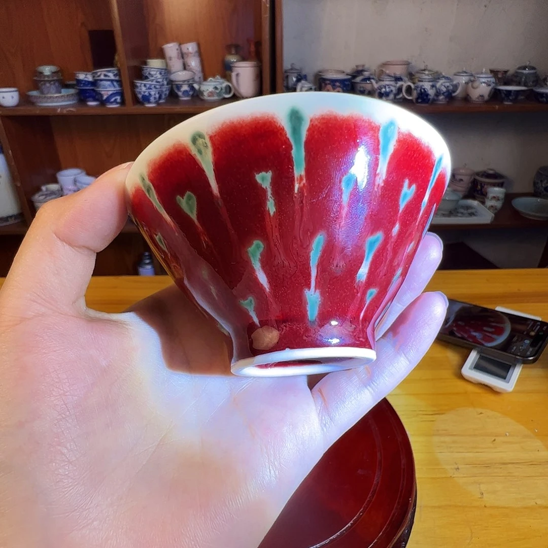 瓷片景德镇陶瓷朗红美人醉斗笠杯一只