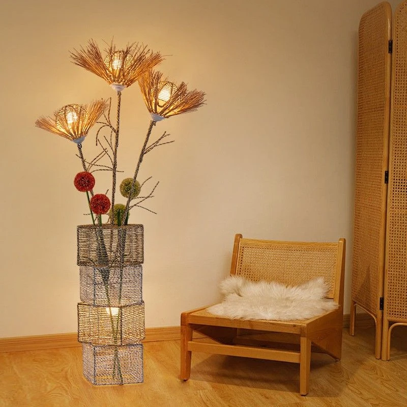 藤编落地灯北欧简约ins客厅卧室阳台床头网红民宿装饰编织落地灯