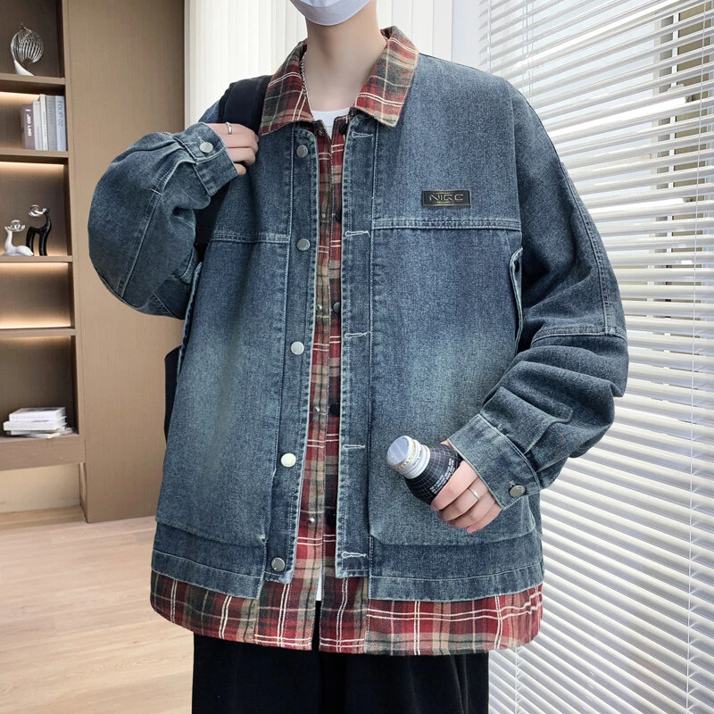 春季新款假两件牛仔夹克男百搭翻领时尚帅气品质潮流宽松外套男潮