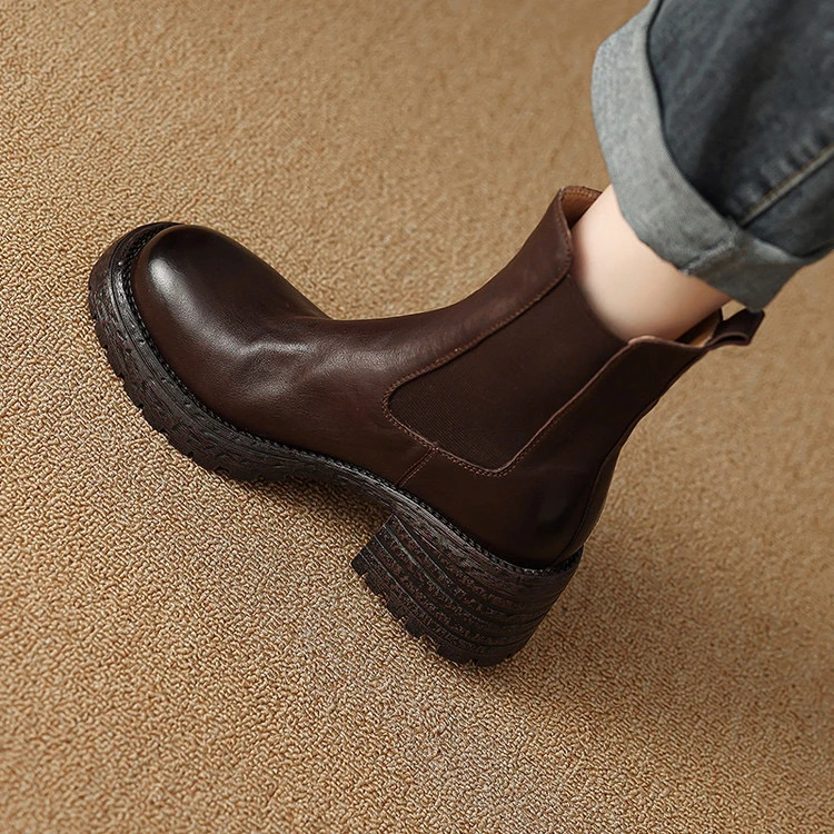 头层羊皮6.5cm～复古高跟圆头短靴弹力时尚厚底马丁靴切尔西靴短筒