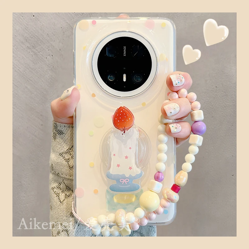 适用华为mate70pro+手机壳波点旋转mate60pro+草莓蜡烛支架链条女