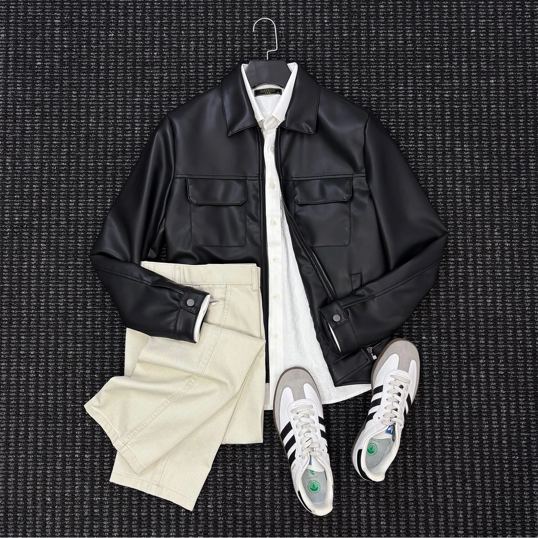 There is rice美式复古痞帅PU皮夹克男士双口袋翻领休闲外套上衣