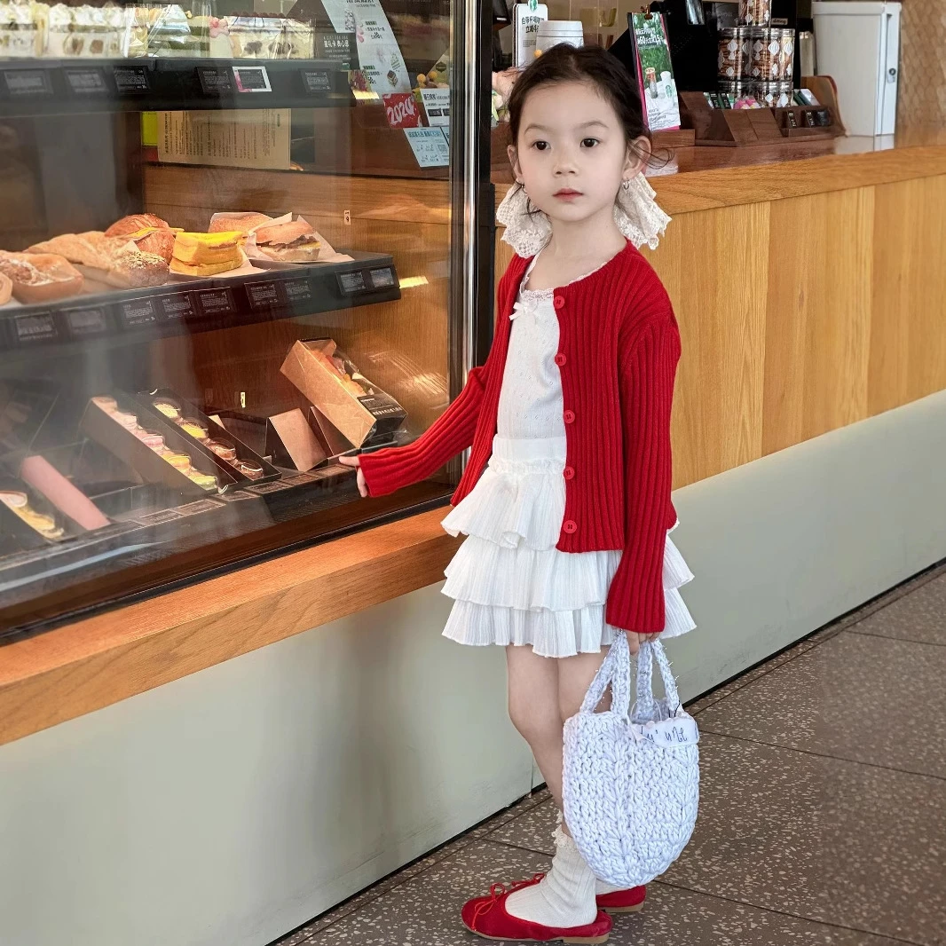女童2025春韩系甜美红色针织开衫圆领上衣蕾丝花边背心蛋糕裙套装