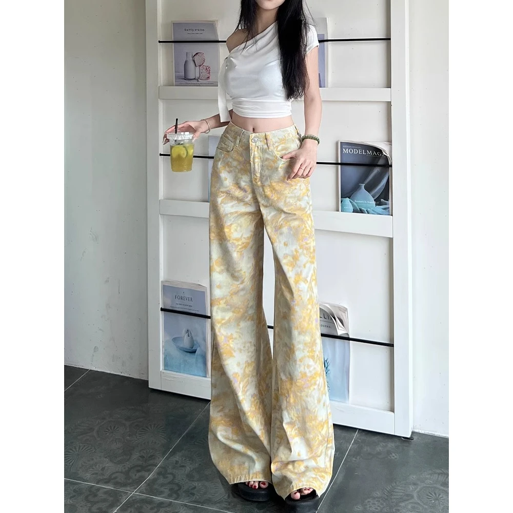 夏季复古洋气扎染印花阔腿牛仔裤女2025新款高腰休闲直筒拖地长裤