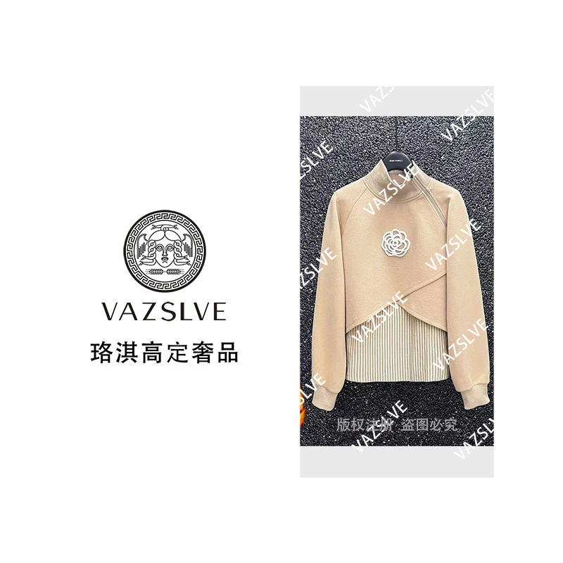 【VAZSLVE/珞淇高定】假两件半高领条纹卫衣女洋气百搭上衣潮9057