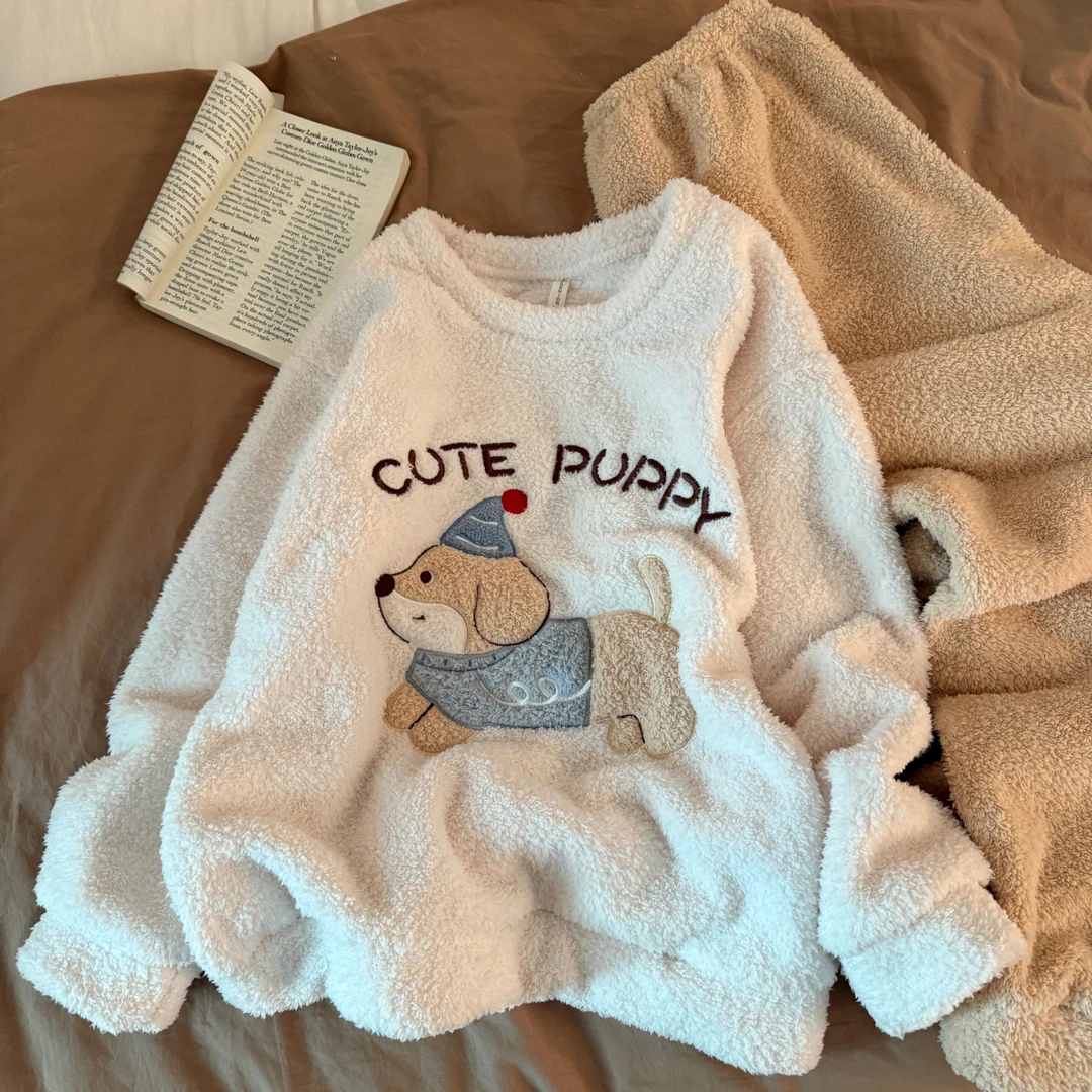 珊瑚绒睡衣女士秋冬季仿半边绒大码加厚2025新款帽子狗套装家居服