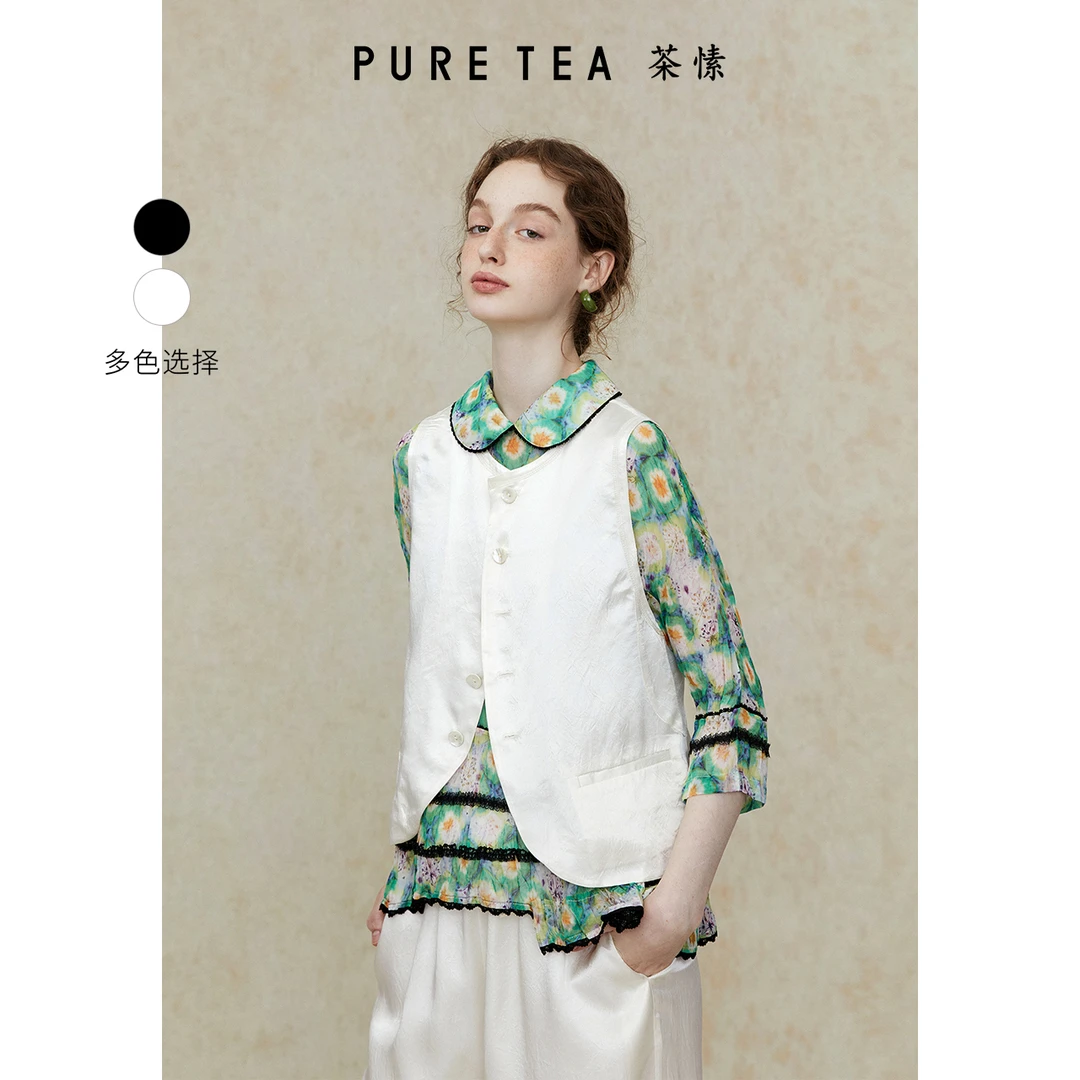【通勤文艺】puretea茶愫醋纤白色背心马甲女光泽感上衣TV0101B22