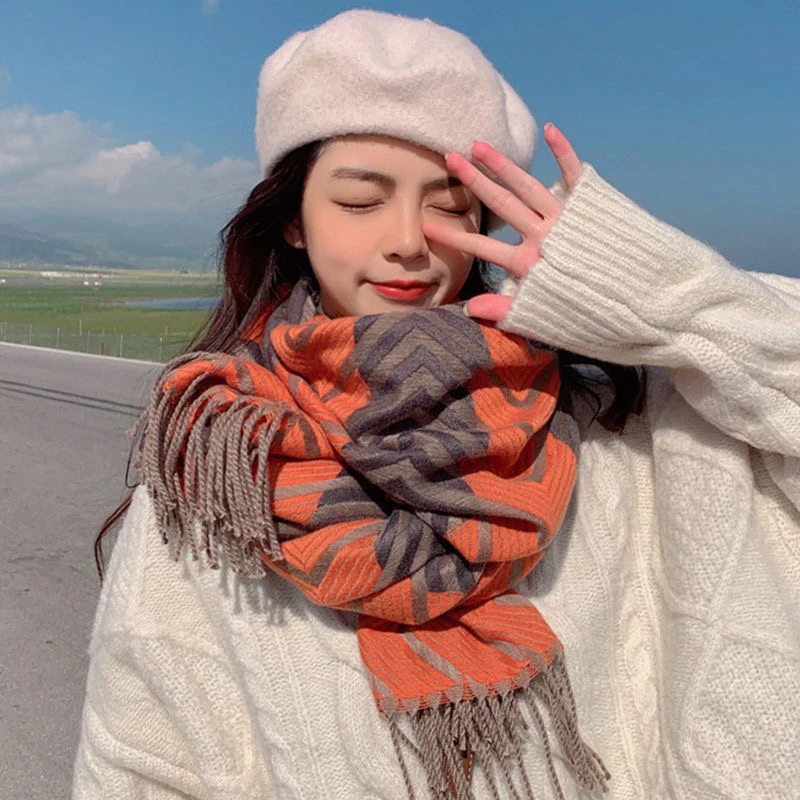 箭头韩版加厚保暖围巾秋冬季女士双面长款百搭条纹围脖披肩两用