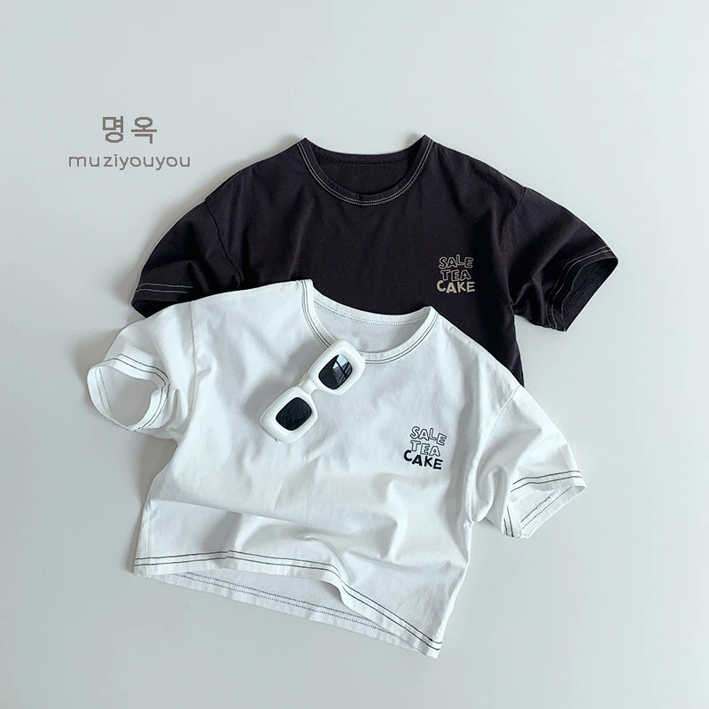 明线设计~韩版夏季儿童纯棉短袖T恤洋气男女宝宽松印花薄打底A类