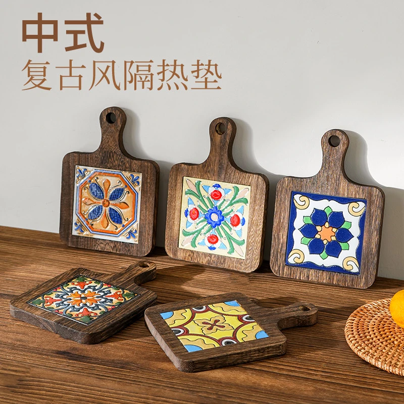 隔热垫陶瓷耐高温复古实木花砖把手垫中式高级感餐桌防烫砂锅专用