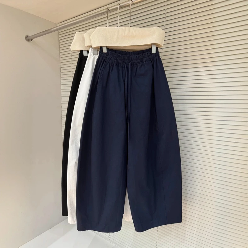 欧货松紧高腰休闲阔腿裤女2025春季新款时尚宽松显瘦九分弯刀裤子