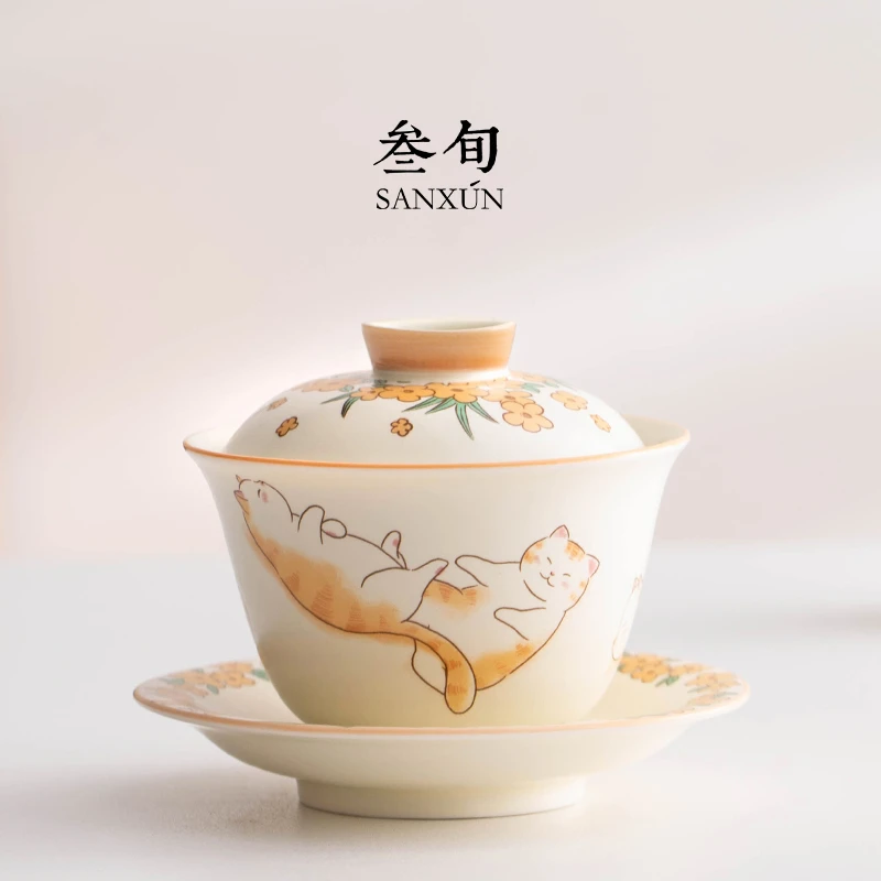 叁旬招财猫三才盖碗茶杯轻奢高档单个家用陶瓷茶具泡茶碗可爱盖碗