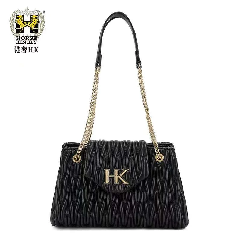 HorseKingly新款女士托特包单肩斜挎褶皱链条女包1078