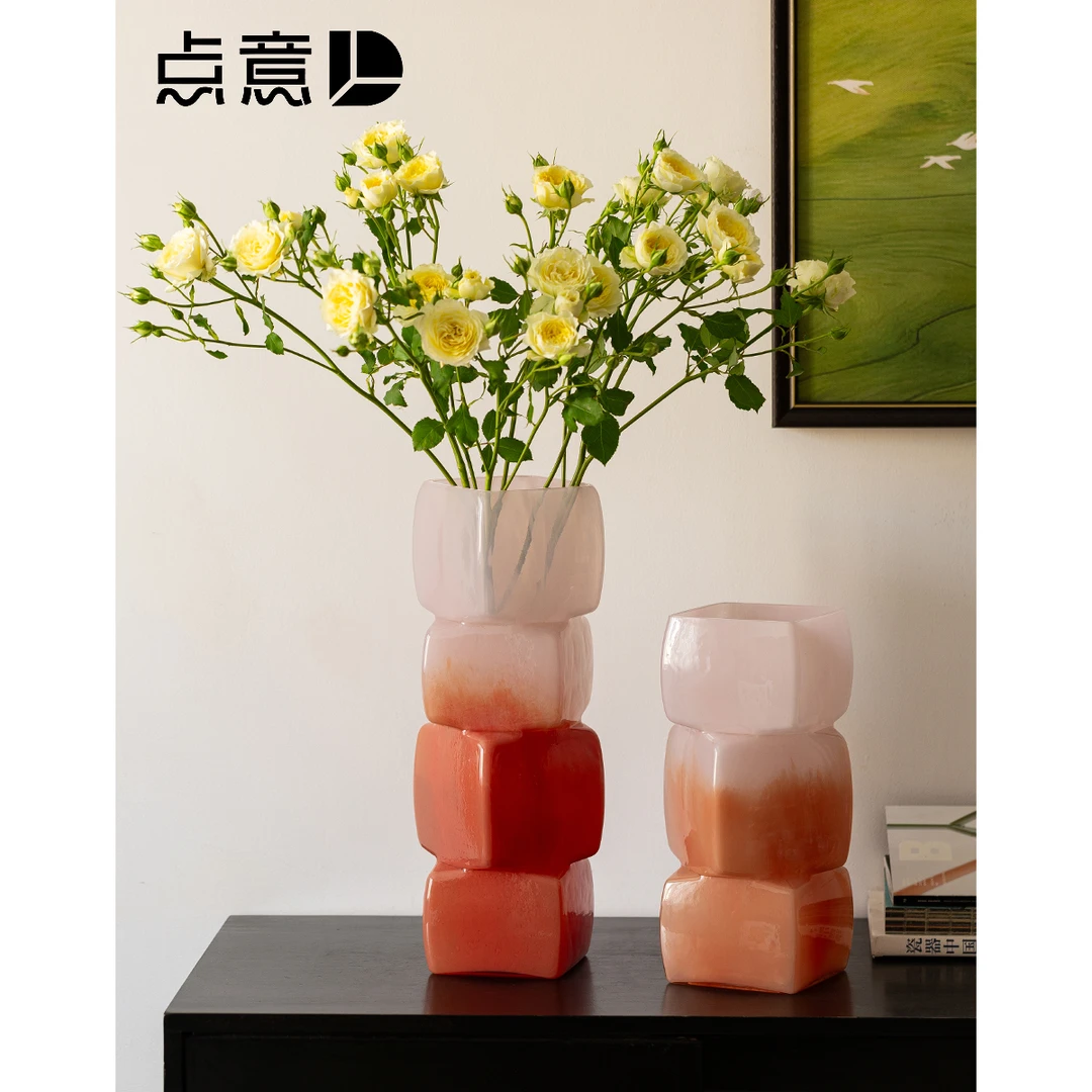 粉色渐变方形不规则中古琉璃花瓶玄关水养插花装饰花器样板间摆设
