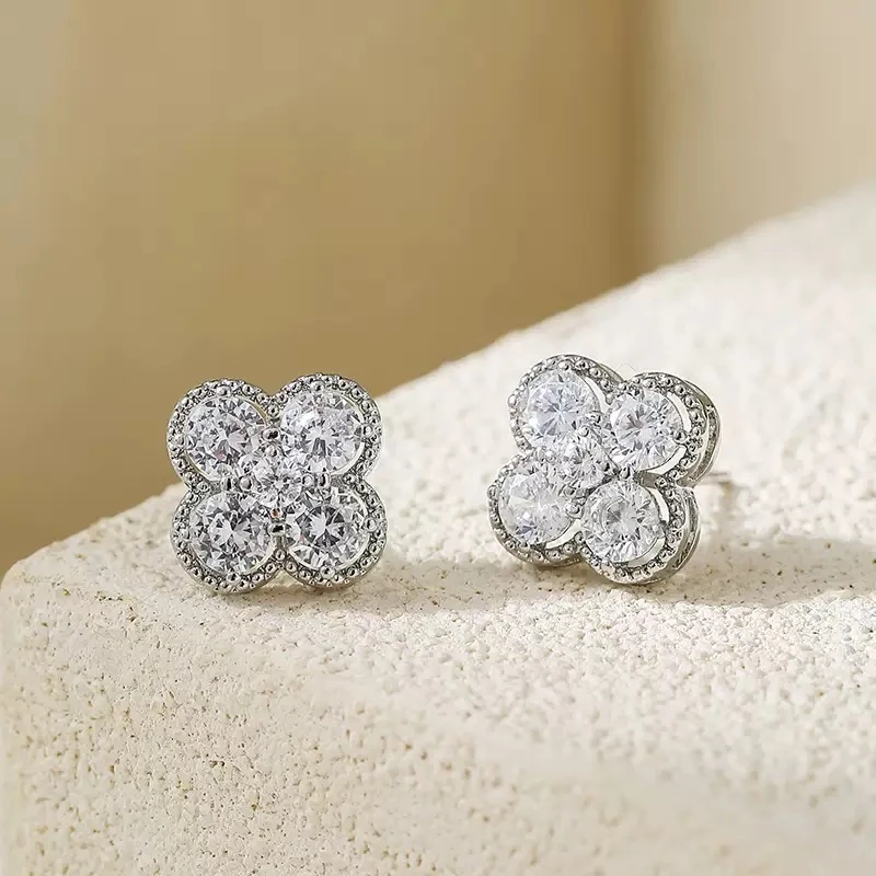 925银耳饰 满钻锆石四叶草耳钉女独特设计感小众耳环耳饰夏天