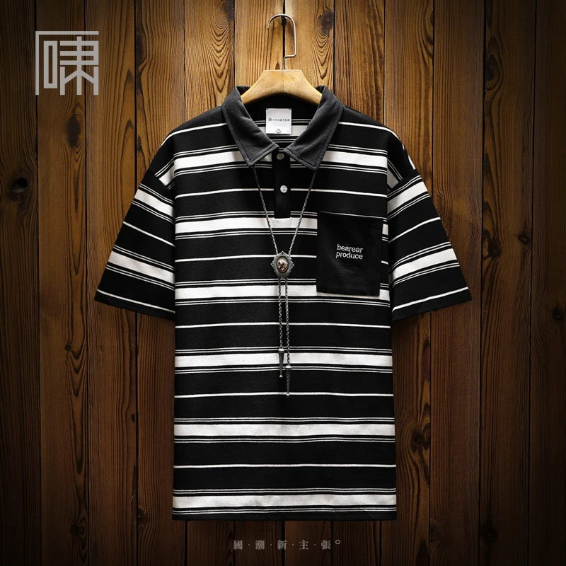 夏季潮牌国潮条纹POLO领五分袖T恤 男撞色学院风运动潮男休闲中袖