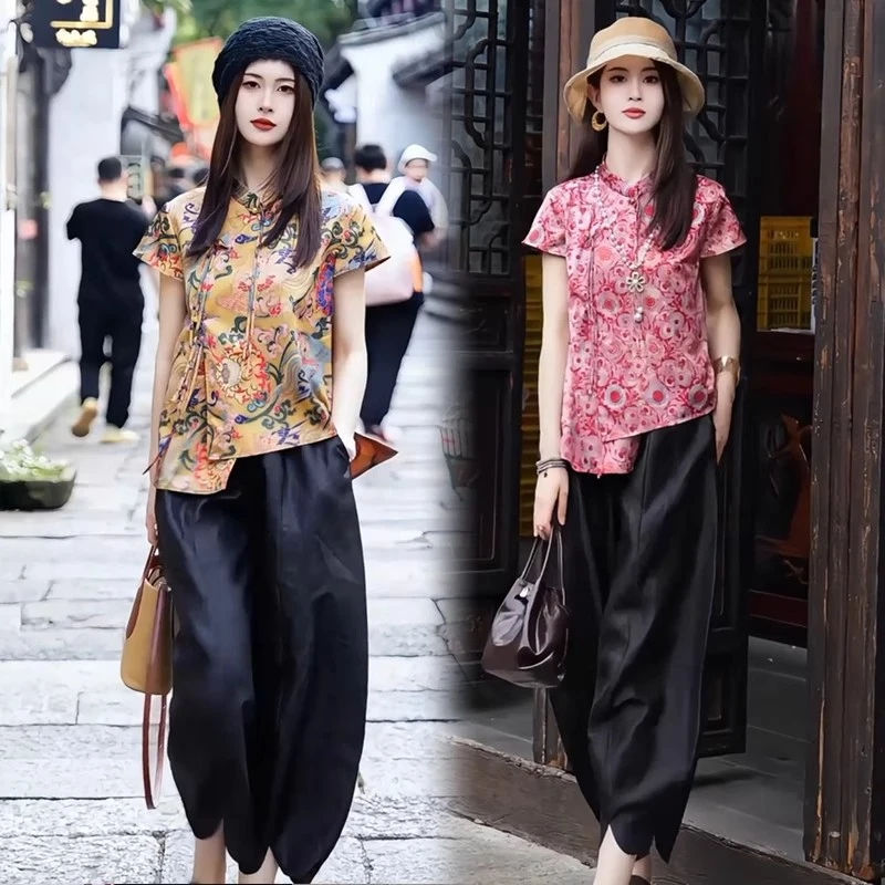 新中式国风时尚套装女2025夏季新款印花盘扣上衣阔腿裤气质两件套