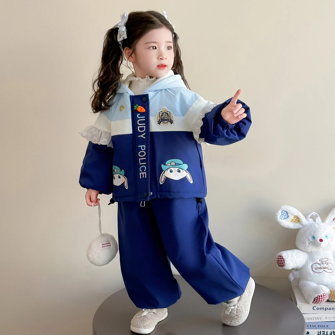 女童加绒加厚兔子警官连帽拼接棉衣一套过冬新款洋气甜美时髦套装
