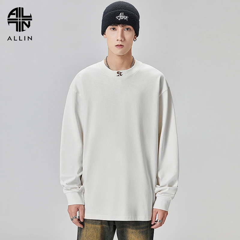 ALLIN 美式长袖t恤男生纯棉圆领上衣潮牌潮流春秋白色情侣打底衫