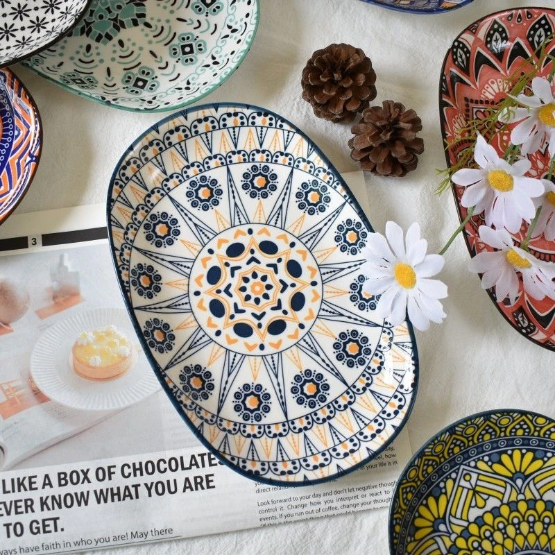 釉下彩正方形马卡龙色日式盘双耳方盘创意餐盘瓷盘