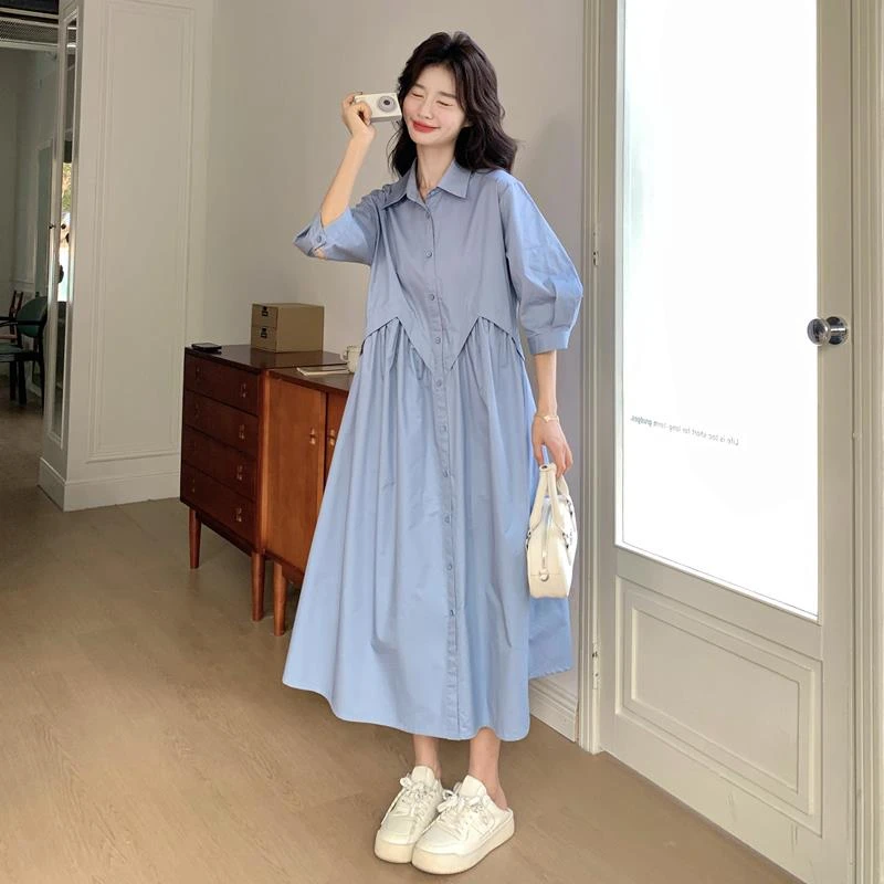 蓝色宽松休闲灯笼袖polo领衬衫长裙夏季新款法式连衣裙小众高级感
