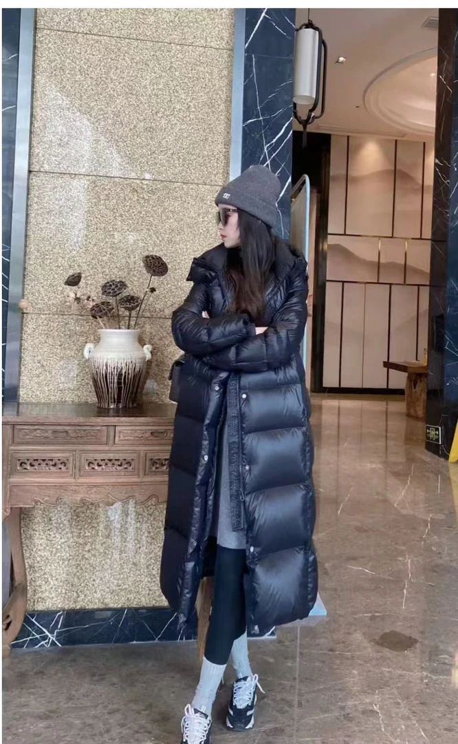 90鹅绒加厚长款男女同款黑色连帽百搭保暖过膝韩版秋冬