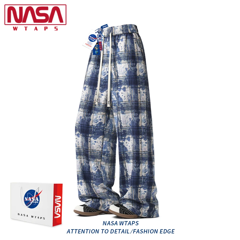 NASA WTAPS美式扎染格子休闲阔腿裤男款夏季情侣直筒大码长裤子潮