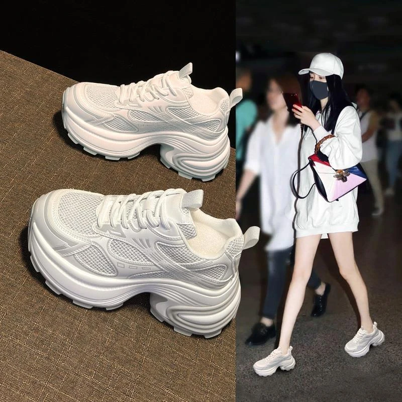 2025夏季新款8cm厚底透网老爹鞋女小个子时尚百搭松糕底休闲鞋潮