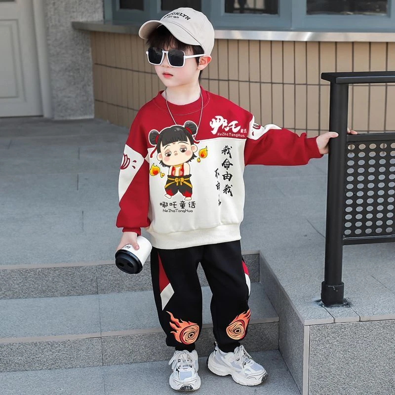 男童中小童长袖圆领卫衣休闲套装时髦洋气春秋薄款卡通印花两件套