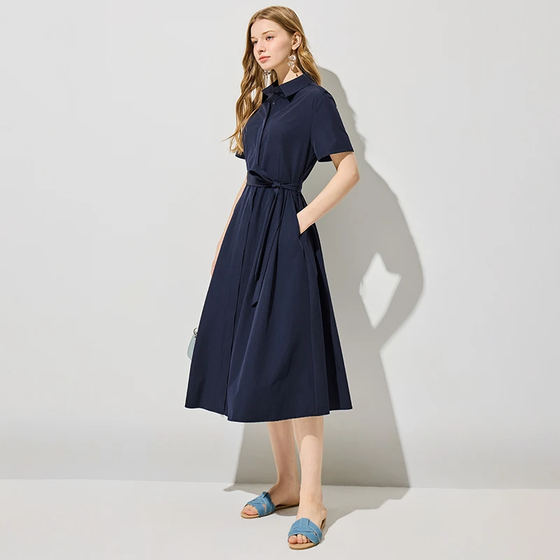 2025夏季新款纯色连衣裙遮肉显瘦领连衣裙系带时尚长裙中长款