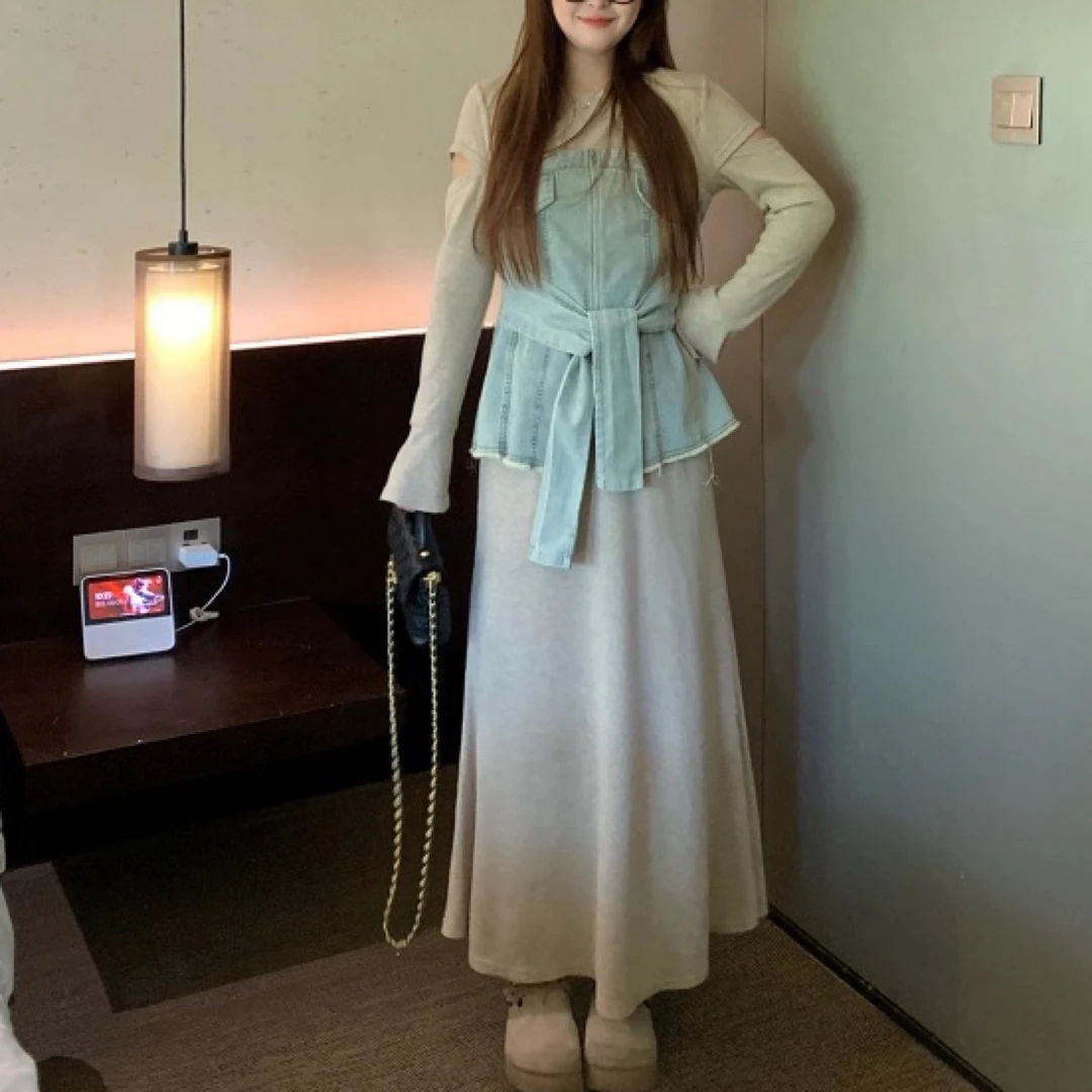 大码胖mm女装拼接牛仔上衣早秋微胖显瘦穿搭半身裙长裤子套装